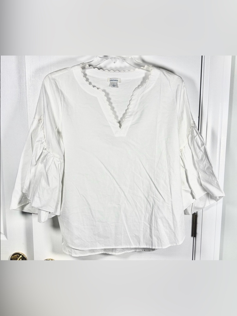SUNDANCE Harbor Romance Poplin Bishop Sleeve Top WHITE Large